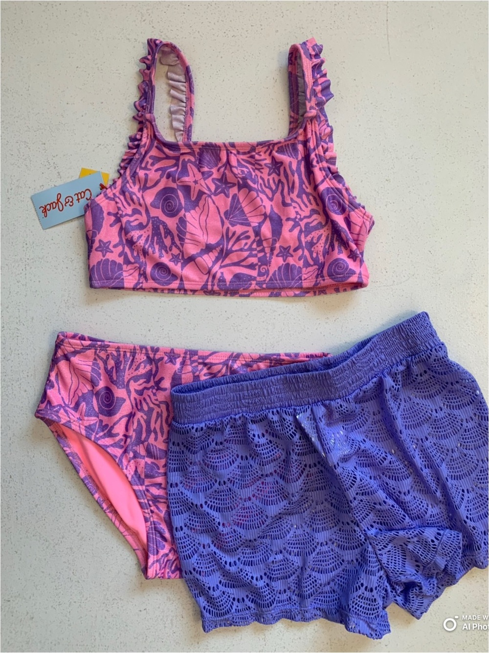 Cat & Jack Girl’s Large Pink & Purple Bikini Set + Coverup Shorts NWT Beach